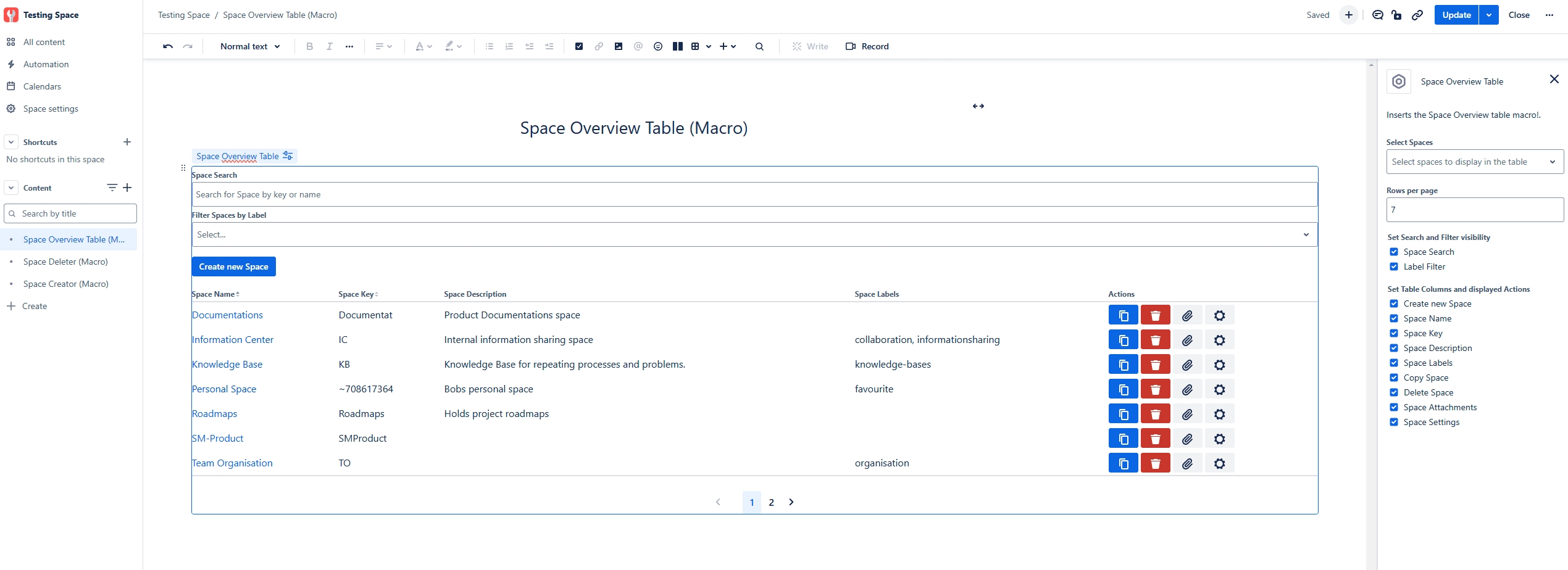 Simple Space Overview Macro auf einer Confluence Seite mit offener Konfiguration auf der rechten Seite