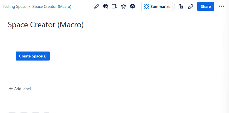 Space Creator Macro auf einer Confluence Seite mit offener Konfiguration auf der rechten Seite